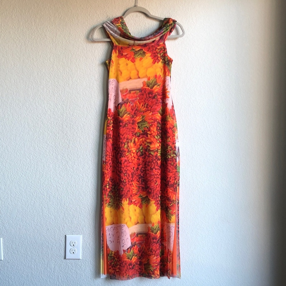 Zara Tulle Chili Pepper Print Midi Dress Mesh Medium